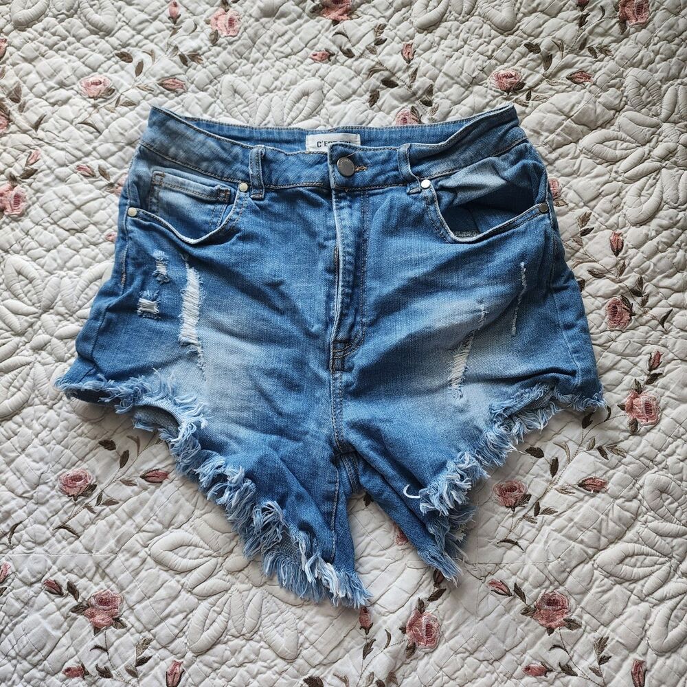 C'est Toi Black Label Distressed High Rise Denim Cutoff Shorts Size M Frayed